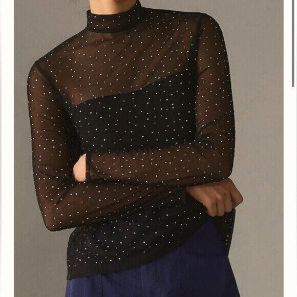 ANTHROPOLOGIE Eva Franco Starlight Long Sleeve Sheer Rhinestone Tunic Size XSP - Picture 3 of 10